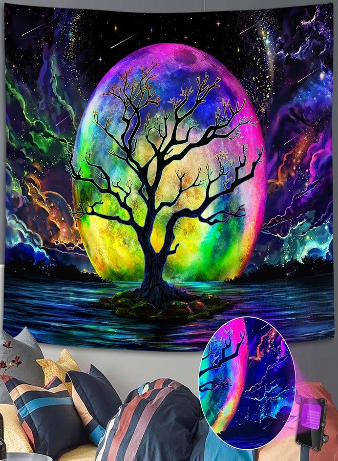 Faxdong Blacklight Moon Tapestry, UV Reactive Tree Lake Colorful Starry Night Galaxy Space Clouds Wall tapestry for Bedroom Decor 36×48 inch - Image 1